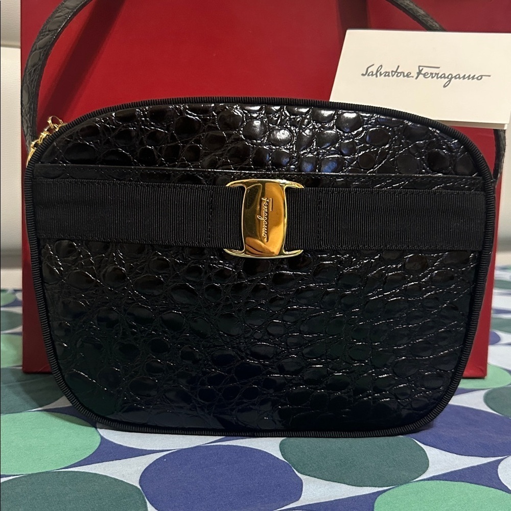 Salvatore Ferragamo Black Croc-Embossed Crossbody Bag - Picture 1 of 15